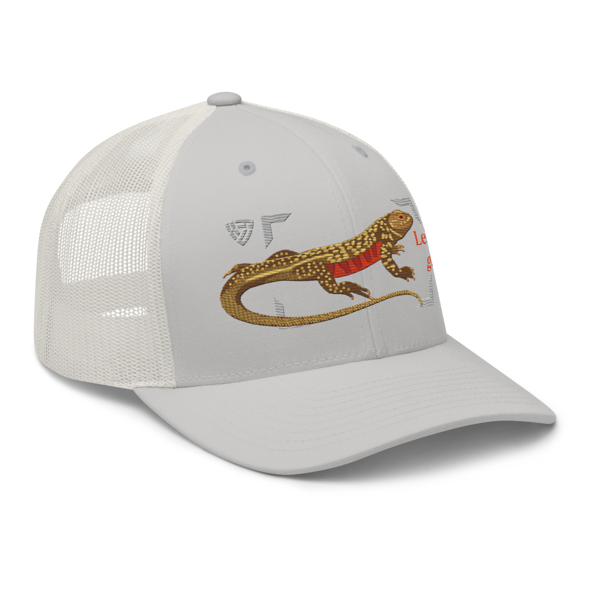 Giant Butterfly Lizard "Leiolepis guttata" Embroidered Silver Trucker Hat Right Front Mockup