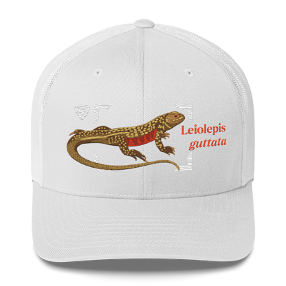 Giant Butterfly Lizard "Leiolepis guttata" Embroidered White Trucker Hat Front Mockup