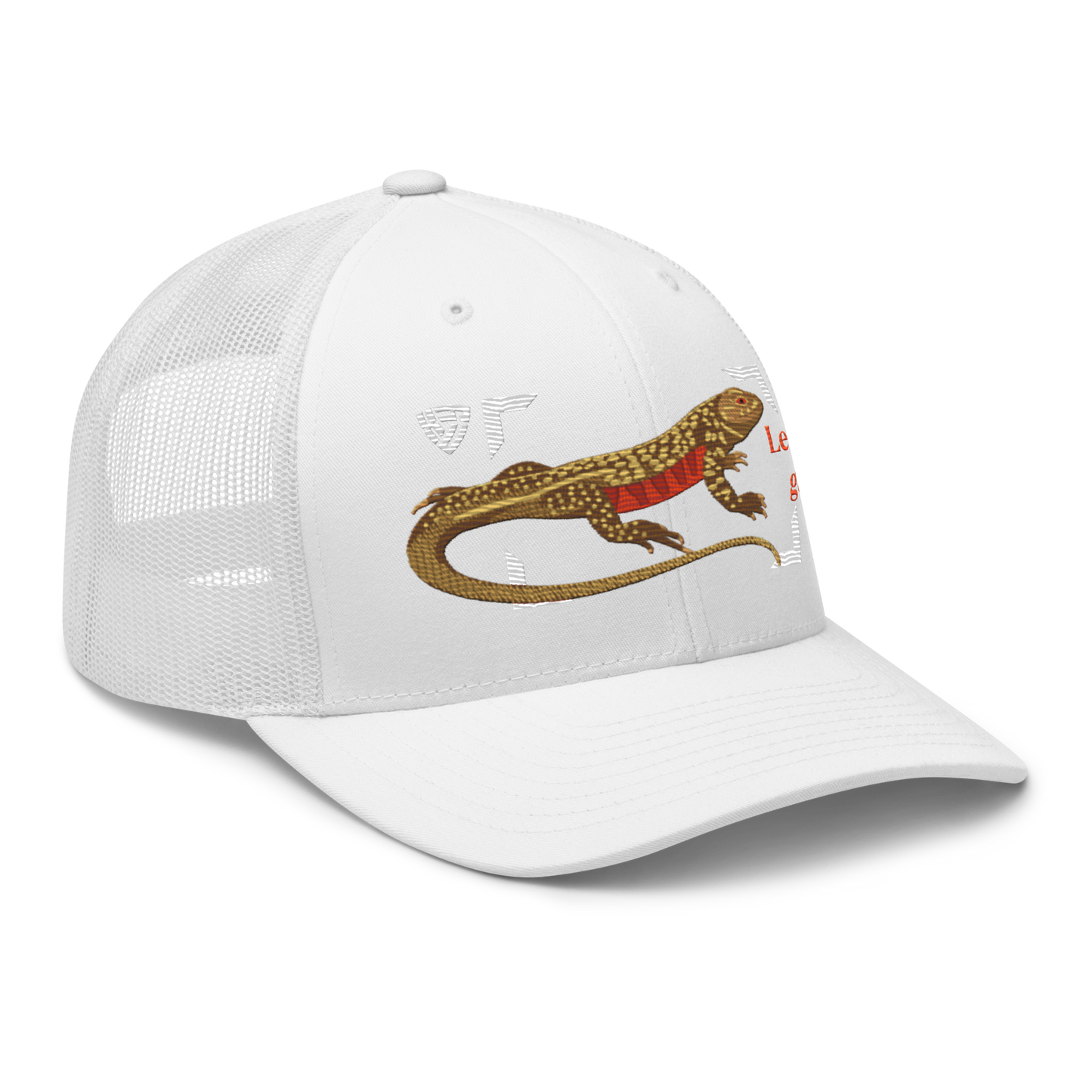 Giant Butterfly Lizard "Leiolepis guttata" Embroidered White Trucker Hat Right Front Mockup