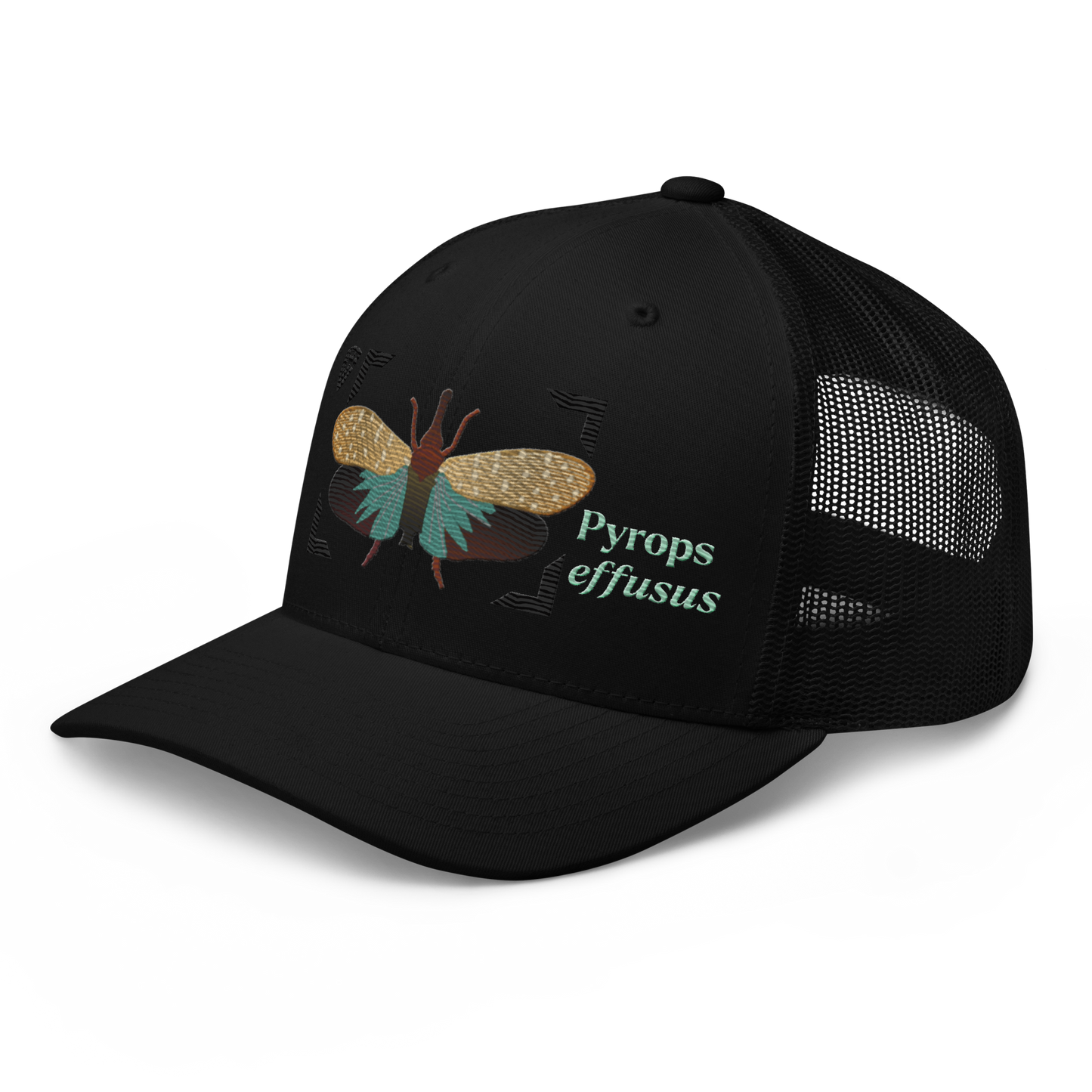 Lanternfly "Pyrops effusa" Embroidered Black Trucker Hat Left Front Mockup