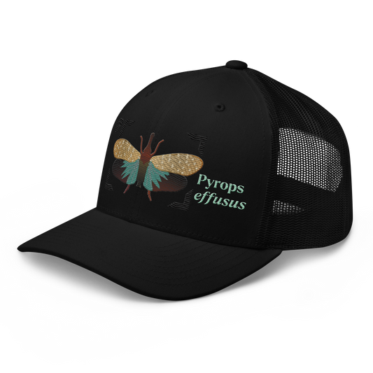 Lanternfly "Pyrops effusa" Embroidered Black Trucker Hat Left Front Mockup