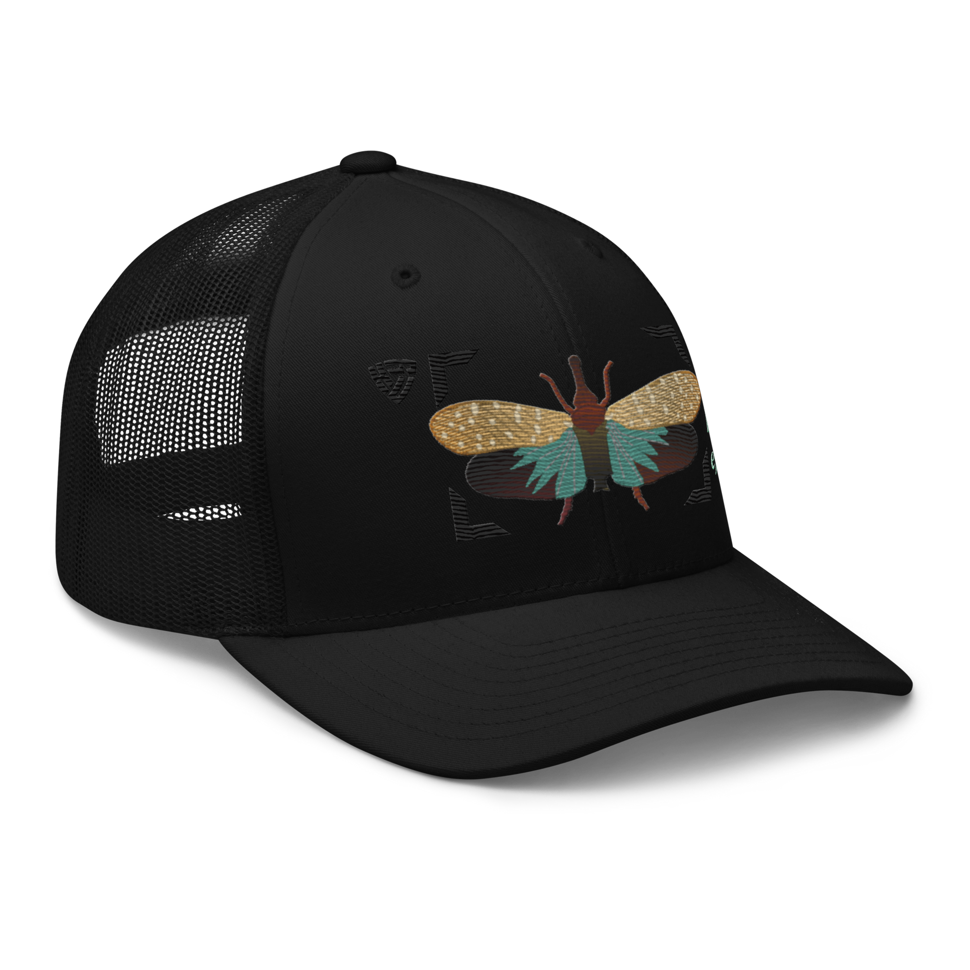 Lanternfly "Pyrops effusa" Embroidered Black Trucker Hat Right Front Mockup