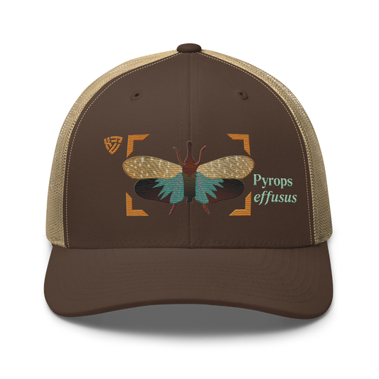 Lanternfly "Pyrops effusa" Embroidered Brown & Khaki Trucker Hat Front Mockup