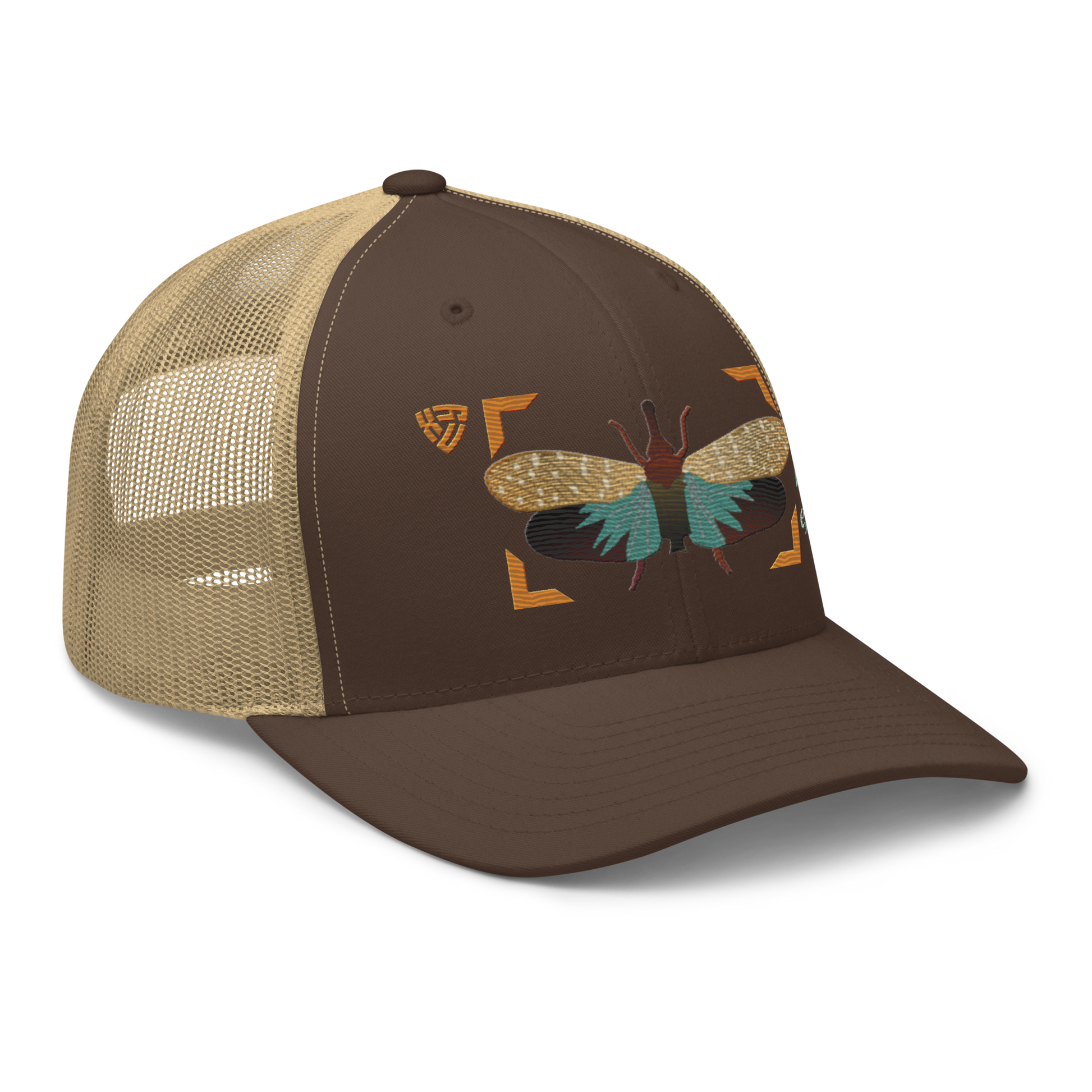 Lanternfly "Pyrops effusa" Embroidered Brown & Khaki Trucker Hat Right Front Mockup