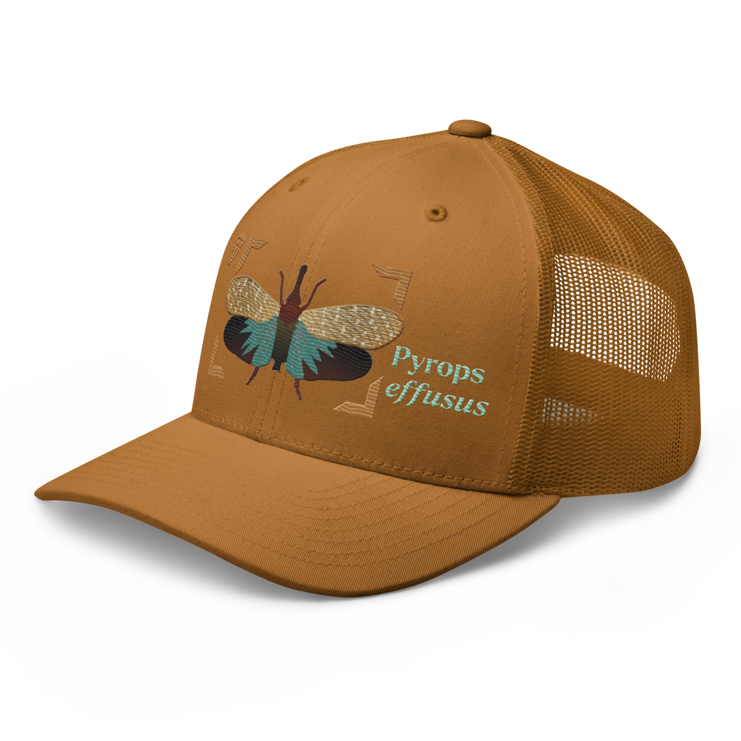 Lanternfly "Pyrops effusa" Embroidered Caramel Trucker Hat Left Front Mockup