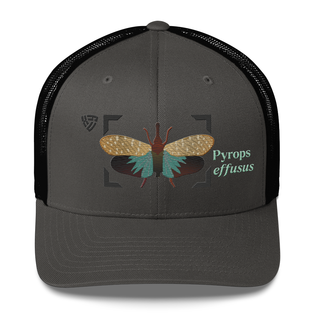 Lanternfly "Pyrops effusa" Embroidered Charcoal Grey & Black Trucker Hat Front Mockup