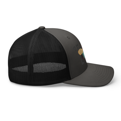 Lanternfly "Pyrops effusa" Embroidered Charcoal Grey & Black Trucker Hat Right Mockup