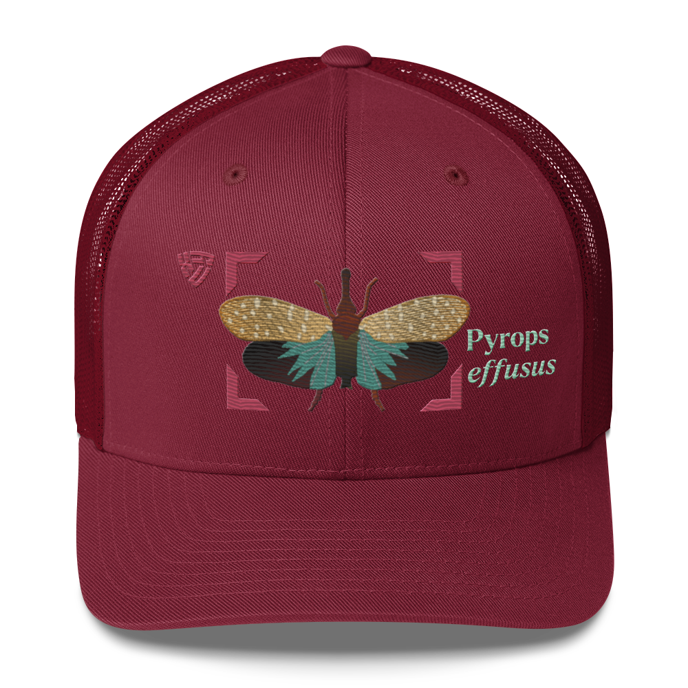 Lanternfly "Pyrops effusa" Embroidered Cranberry Red Trucker Hat Front Mockup