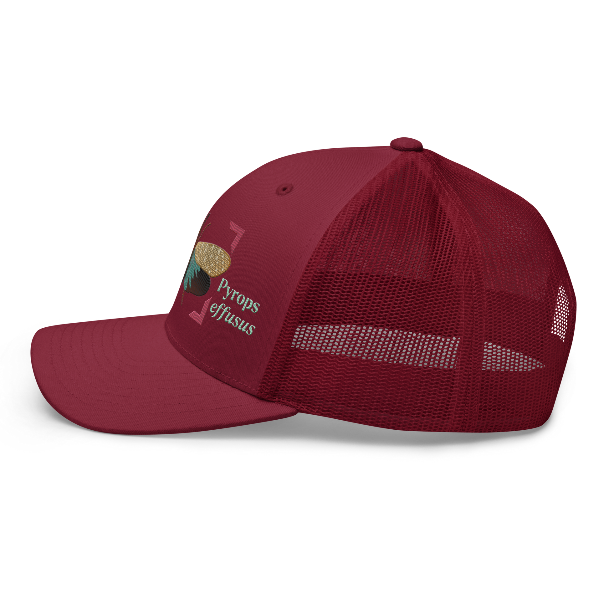 Lanternfly "Pyrops effusa" Embroidered Cranberry Red Trucker Hat Left Mockup