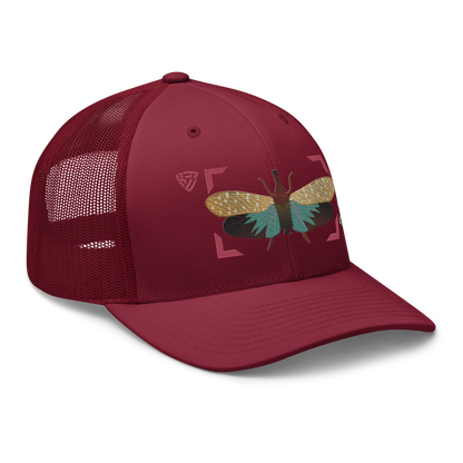 Lanternfly "Pyrops effusa" Embroidered Cranberry Red Trucker Hat Right Front Mockup