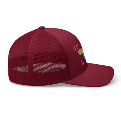 Lanternfly "Pyrops effusa" Embroidered Cranberry Red Trucker Hat Right Mockup