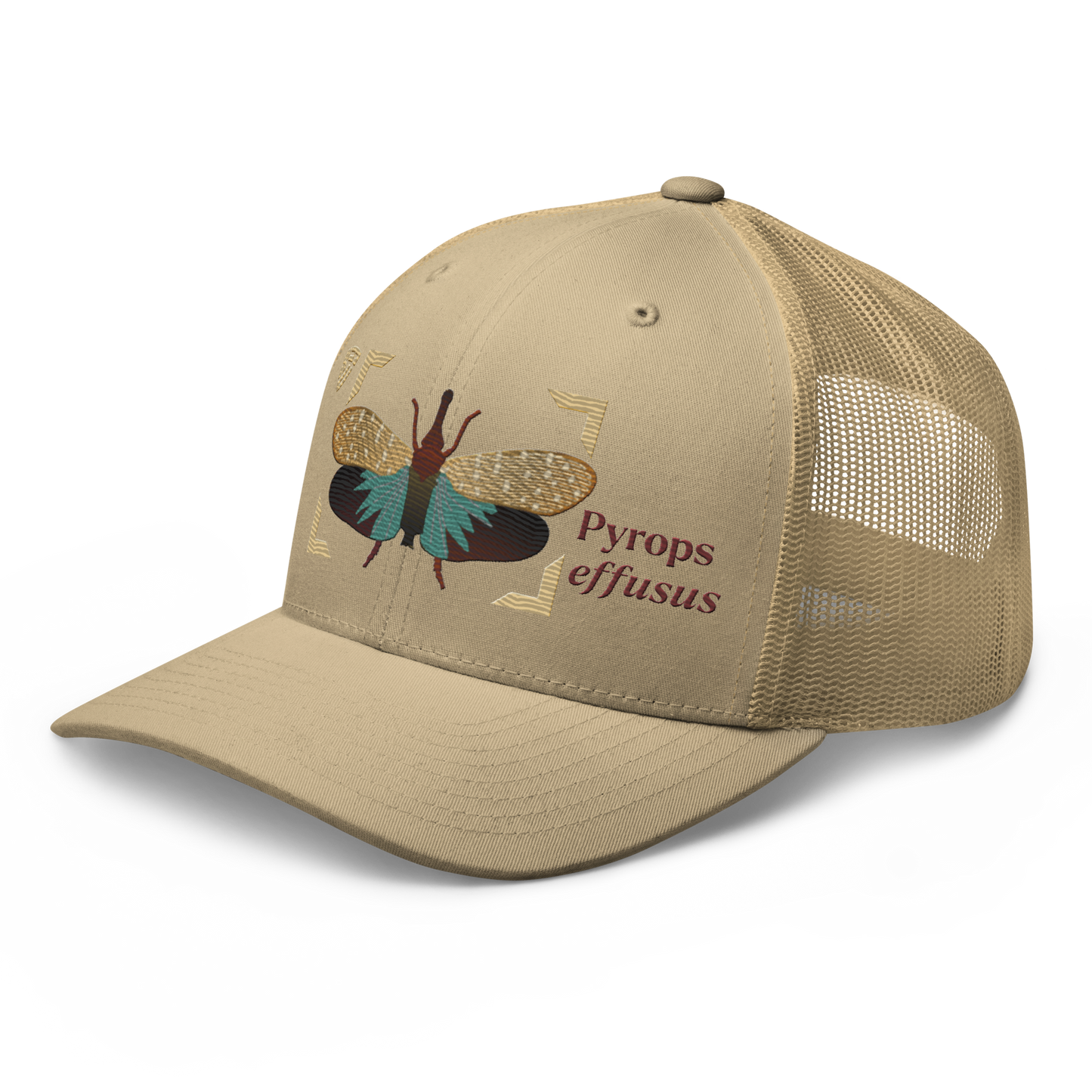 Lanternfly "Pyrops effusa" Embroidered Khaki Trucker Hat Left Front Mockup