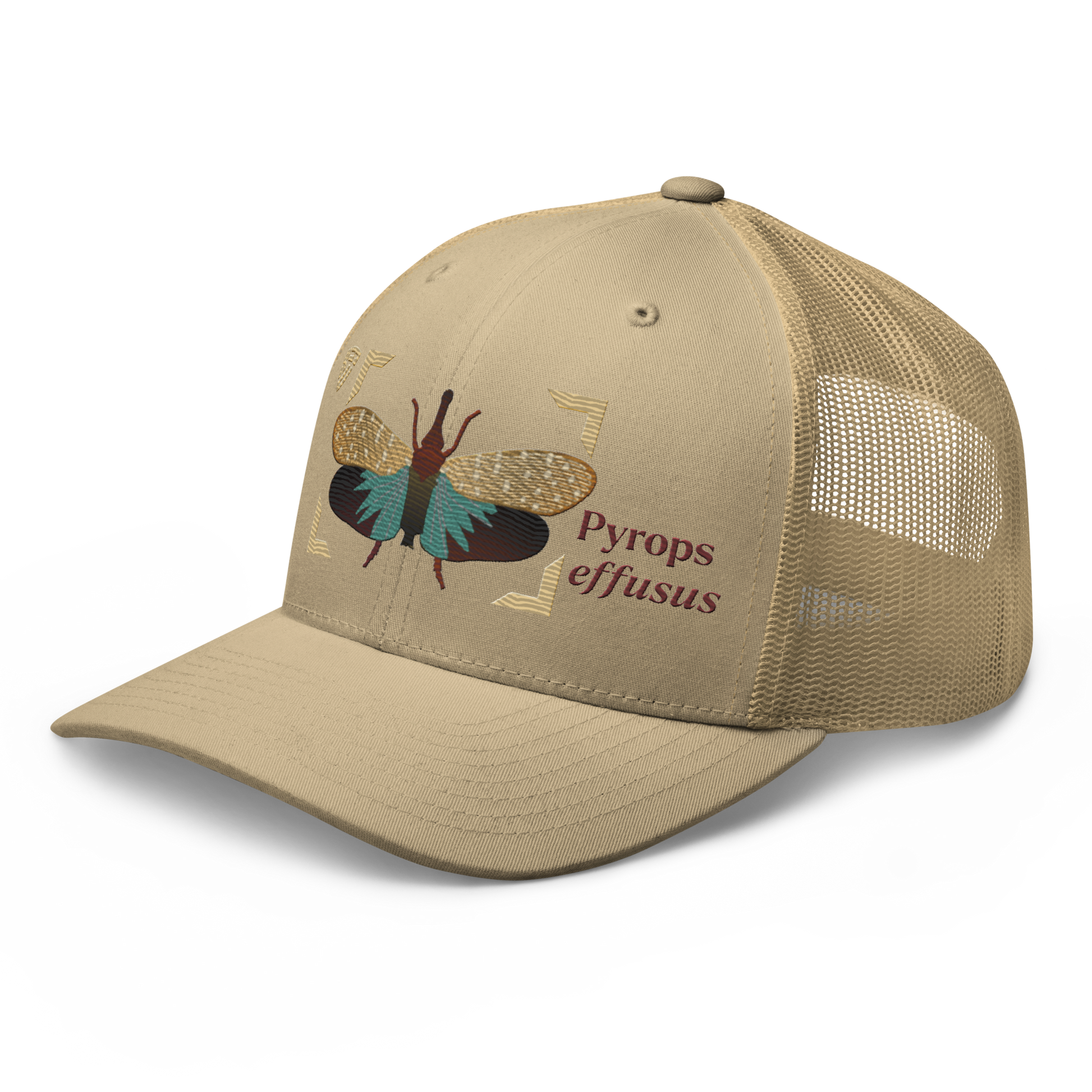 Lanternfly "Pyrops effusa" Embroidered Khaki Trucker Hat Left Front Mockup