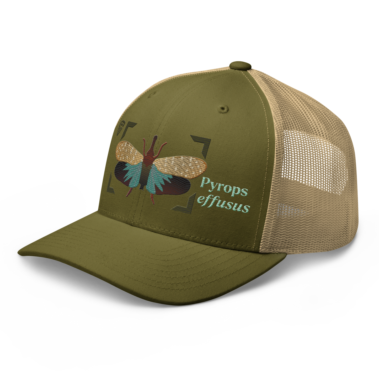 Lanternfly "Pyrops effusa" Embroidered Moss Green & Khaki Trucker Hat Left Front Mockup
