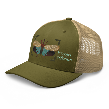 Lanternfly "Pyrops effusa" Embroidered Moss Green & Khaki Trucker Hat Left Front Mockup