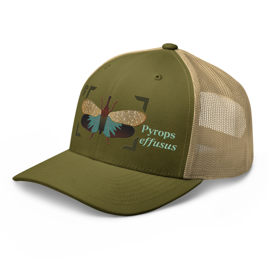 Lanternfly "Pyrops effusa" Embroidered Moss Green & Khaki Trucker Hat Left Front Mockup