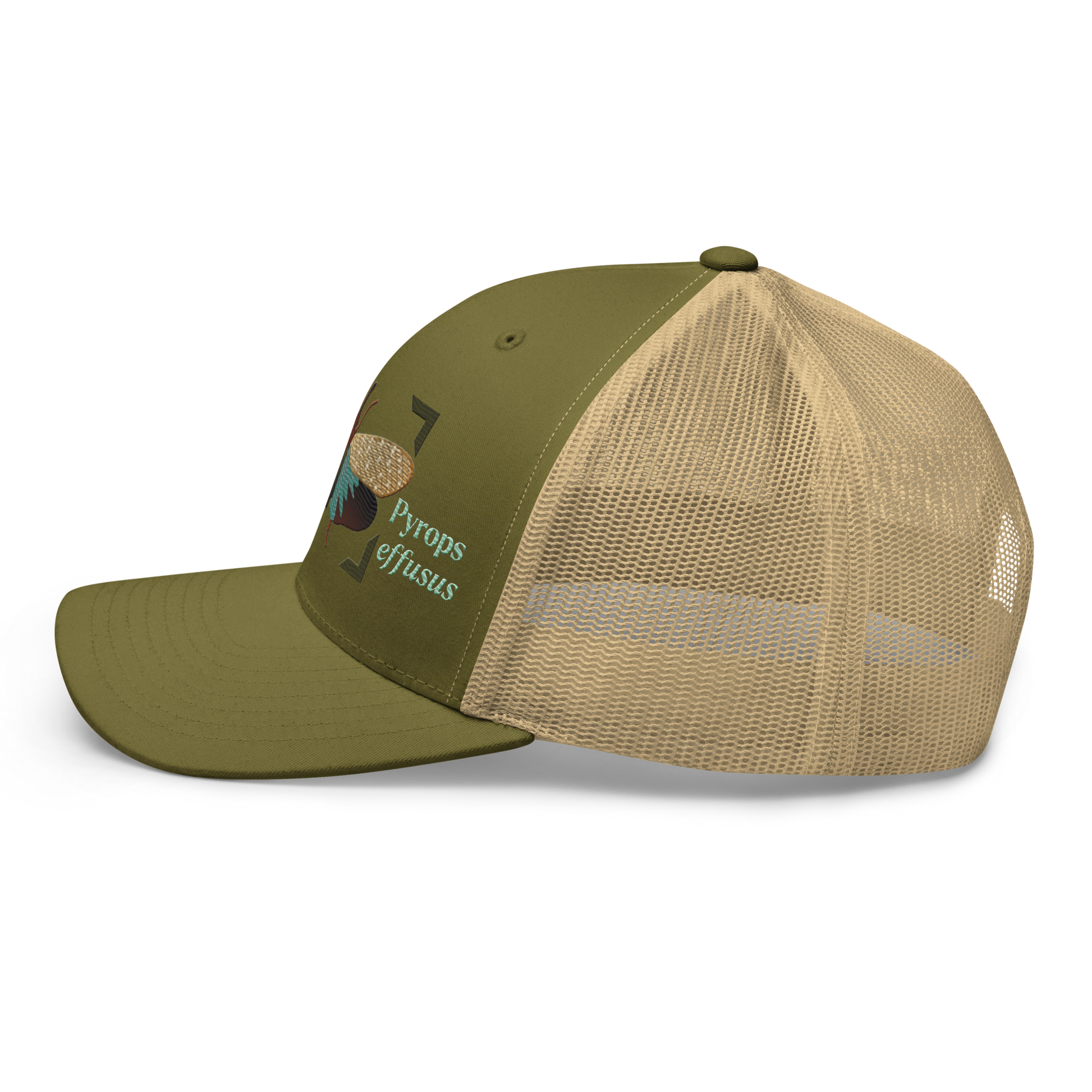 Lanternfly "Pyrops effusa" Embroidered Moss Green & Khaki Trucker Hat Left Mockup