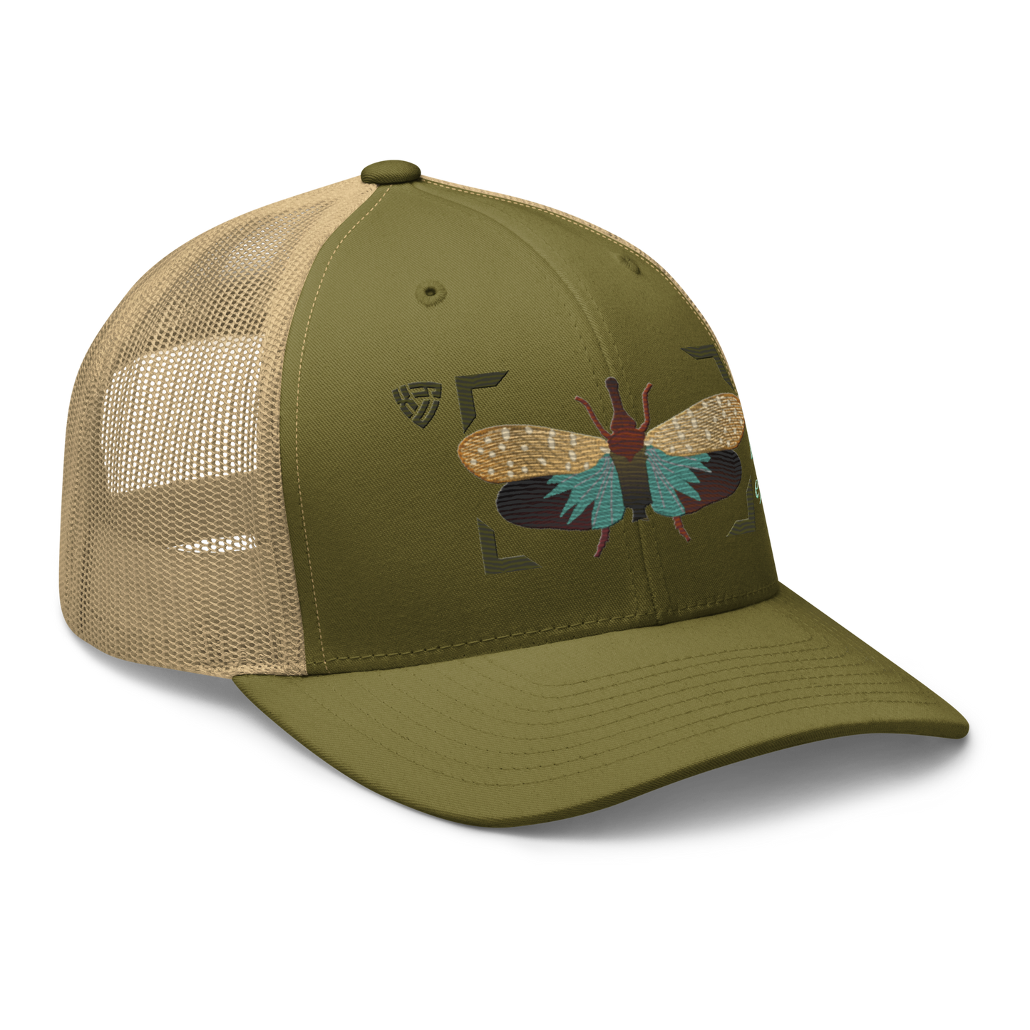 Lanternfly "Pyrops effusa" Embroidered Moss Green & Khaki Trucker Hat Right Front Mockup