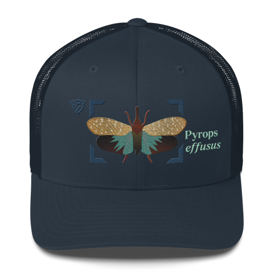 Lanternfly "Pyrops effusa" Embroidered Navy Blue Trucker Hat Front Mockup
