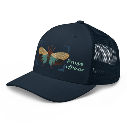 Lanternfly "Pyrops effusa" Embroidered Navy Blue Trucker Hat Left Front Mockup