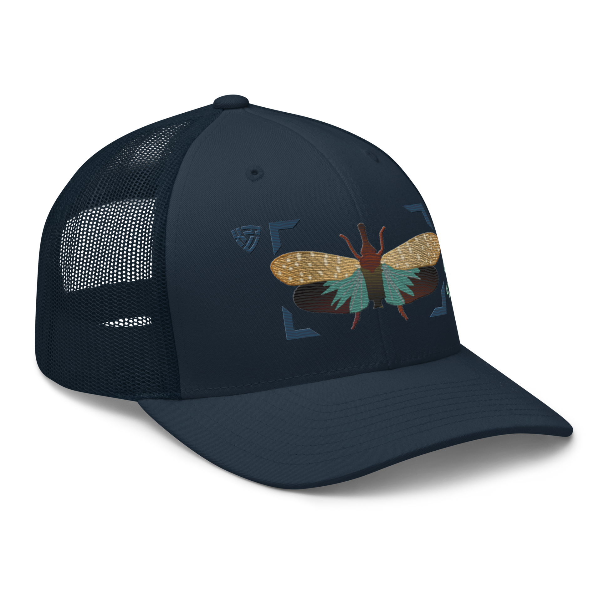 Lanternfly "Pyrops effusa" Embroidered Navy Blue Trucker Hat Right Front Mockup