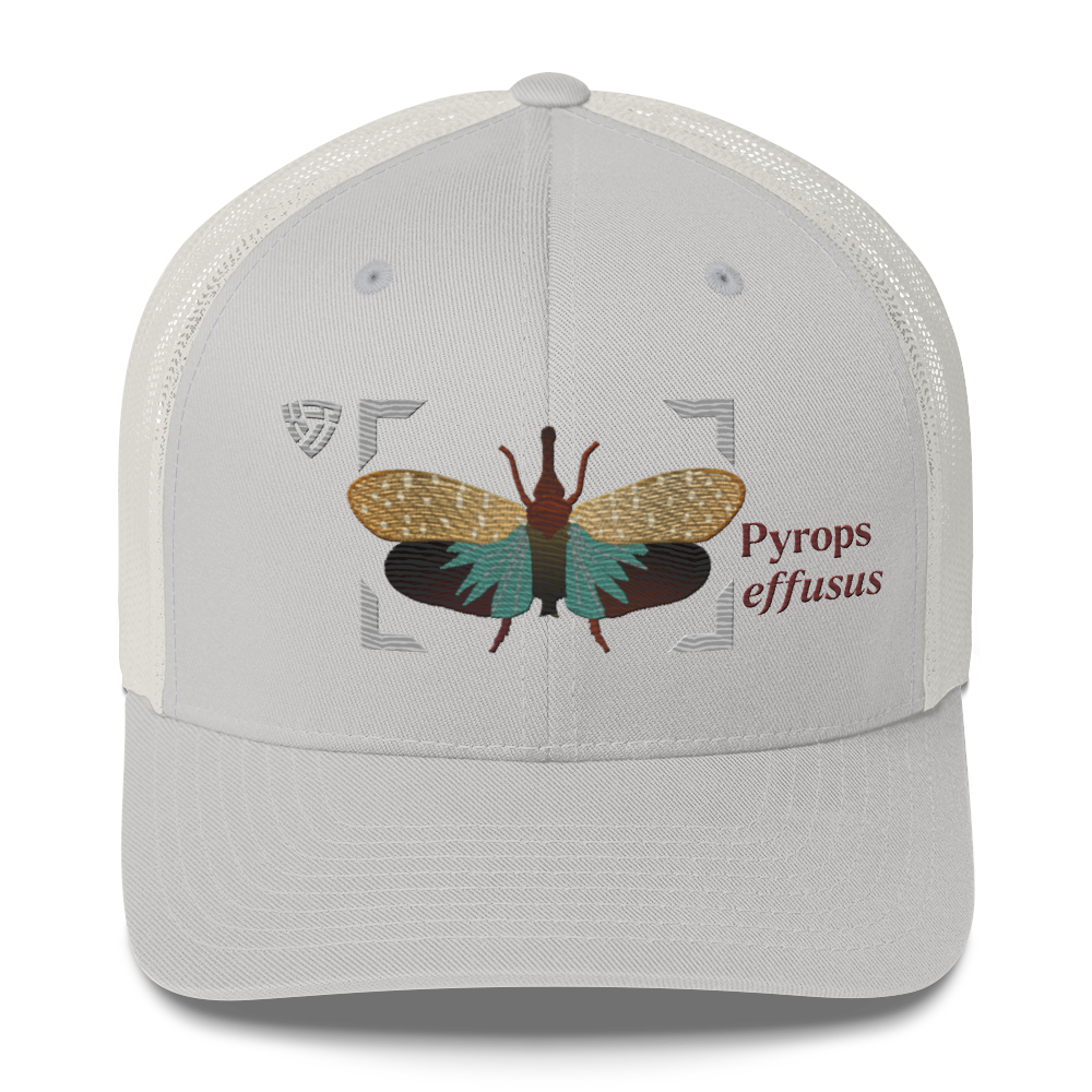 Lanternfly "Pyrops effusa" Embroidered Silver Trucker Hat Front Mockup