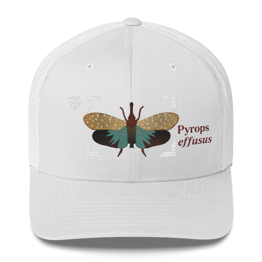 Lanternfly "Pyrops effusa" Embroidered White Trucker Hat Front Mockup
