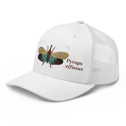 Lanternfly "Pyrops effusa" Embroidered White Trucker Hat Left Front Mockup