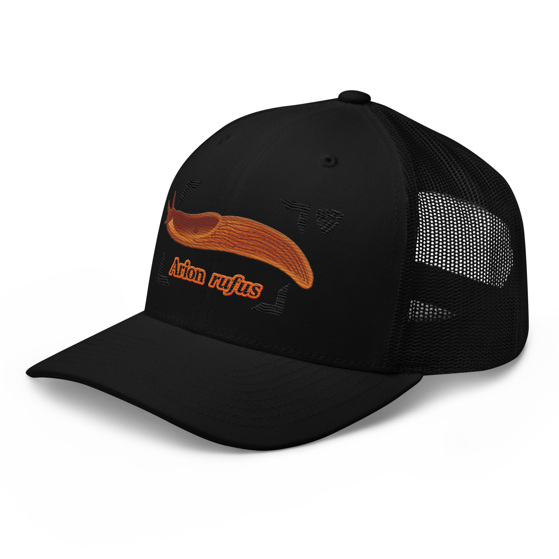 The Large Red Slug "Arion rufus" Embroidered Black Trucker Hat Left Front Mockup