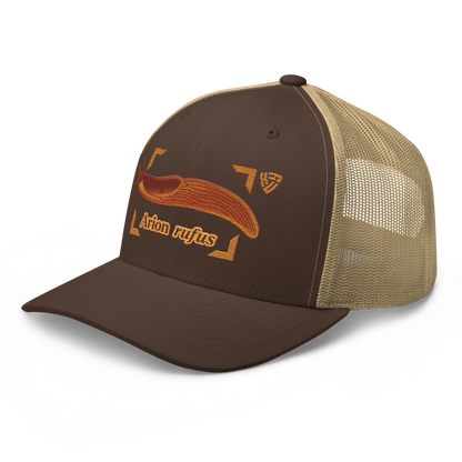 The Large Red Slug "Arion rufus" Embroidered Brown & Khaki Trucker Hat Left Front Mockup