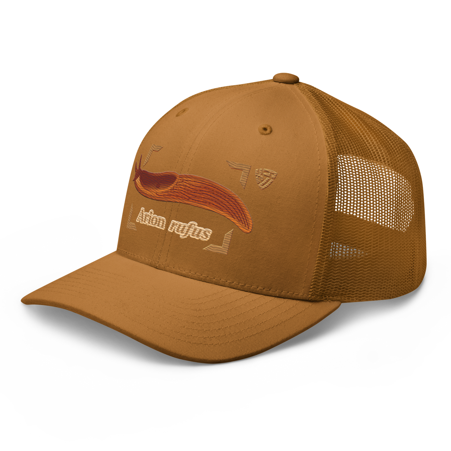The Large Red Slug "Arion rufus" Embroidered Caramel Trucker Hat Left Front Mockup