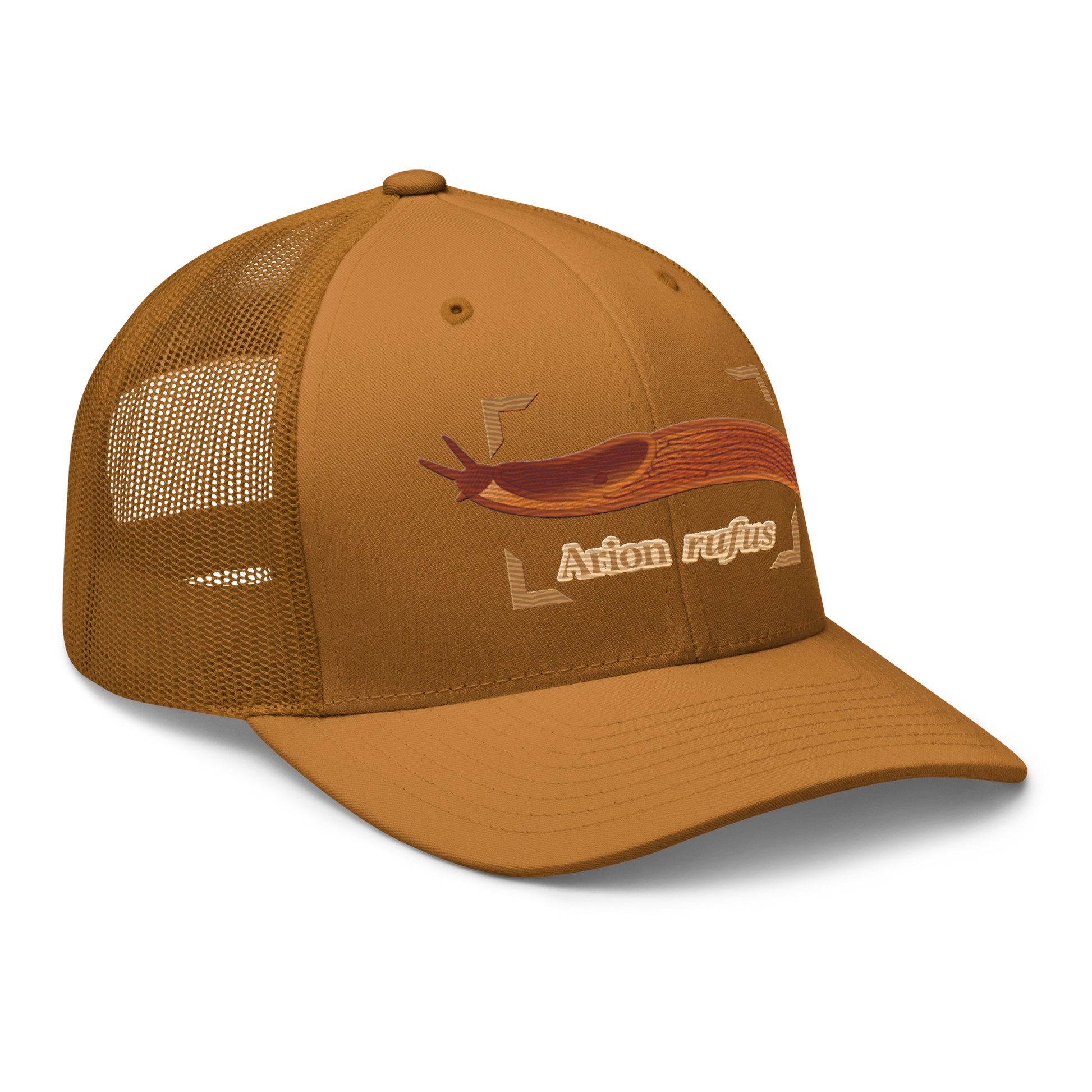 The Large Red Slug "Arion rufus" Embroidered Caramel Trucker Hat Right Front Mockup