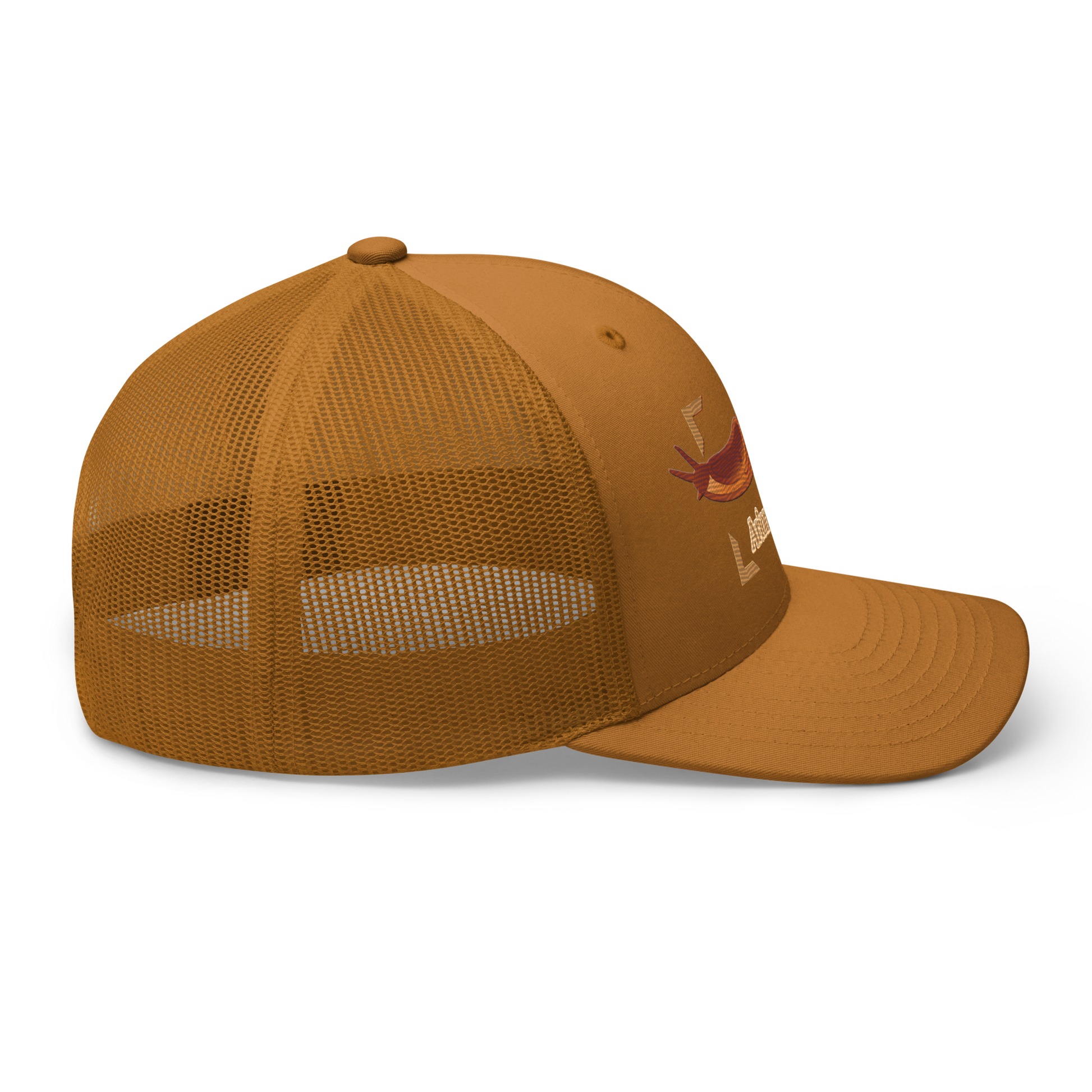 The Large Red Slug "Arion rufus" Embroidered Caramel Trucker Hat Right Mockup