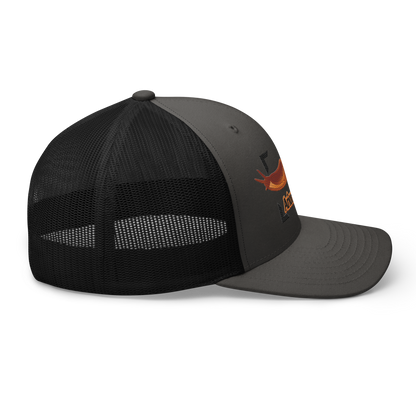 The Large Red Slug "Arion rufus" Embroidered Charcoal Grey & Black Trucker Hat Right Mockup