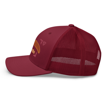 The Large Red Slug "Arion rufus" Embroidered Cranberry Red Trucker Hat Back Mockup
