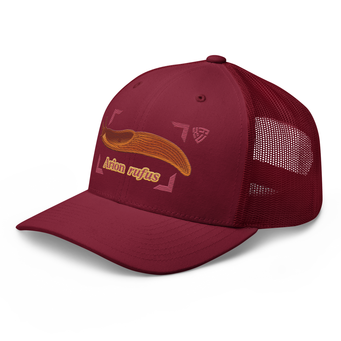 The Large Red Slug "Arion rufus" Embroidered Cranberry Red Trucker Hat Left Front Mockup