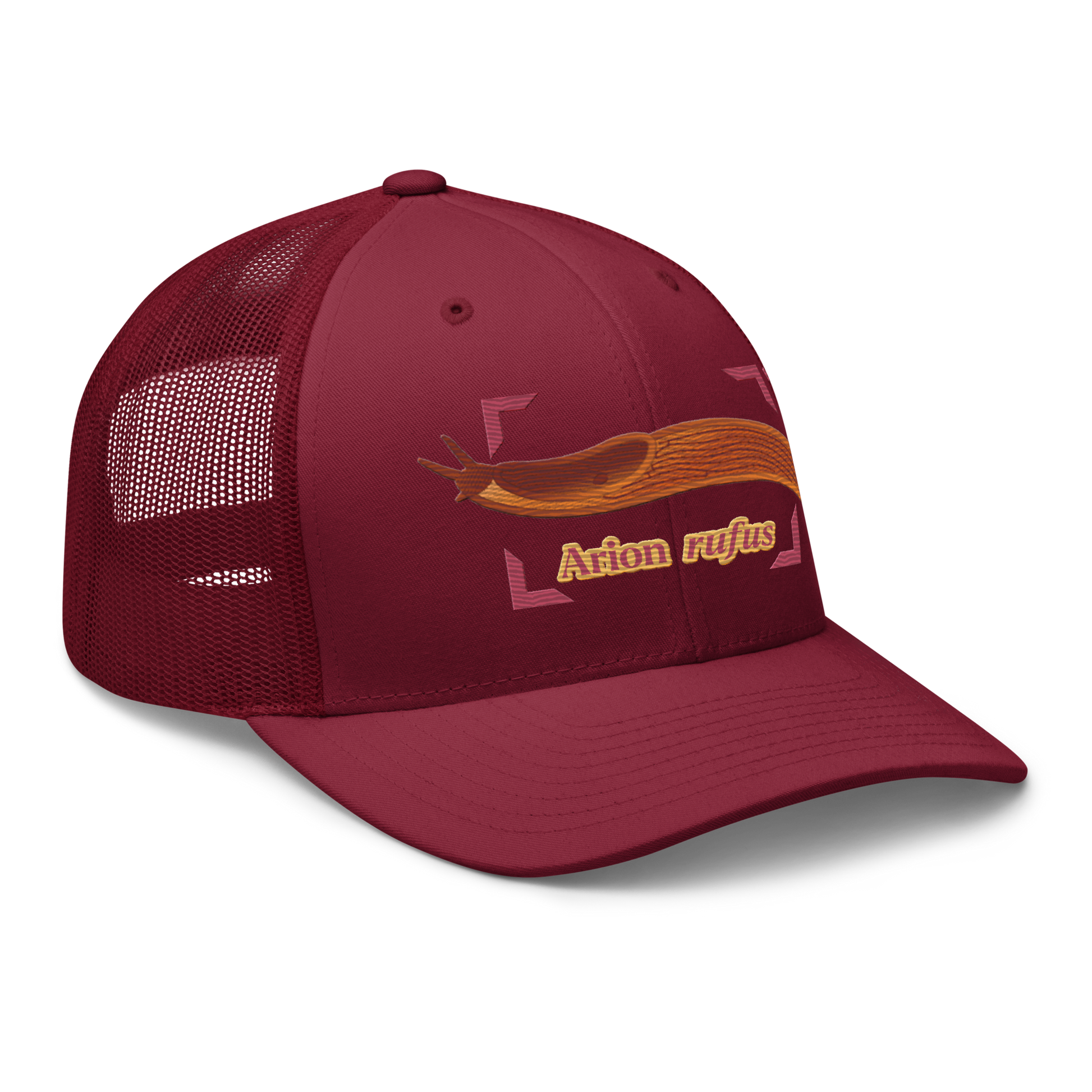 The Large Red Slug "Arion rufus" Embroidered Cranberry Red Trucker Hat Right Front Mockup
