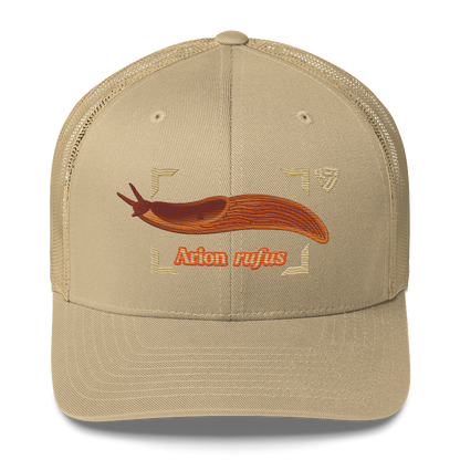 The Large Red Slug "Arion rufus" Embroidered Khaki Trucker Hat Front Mockup