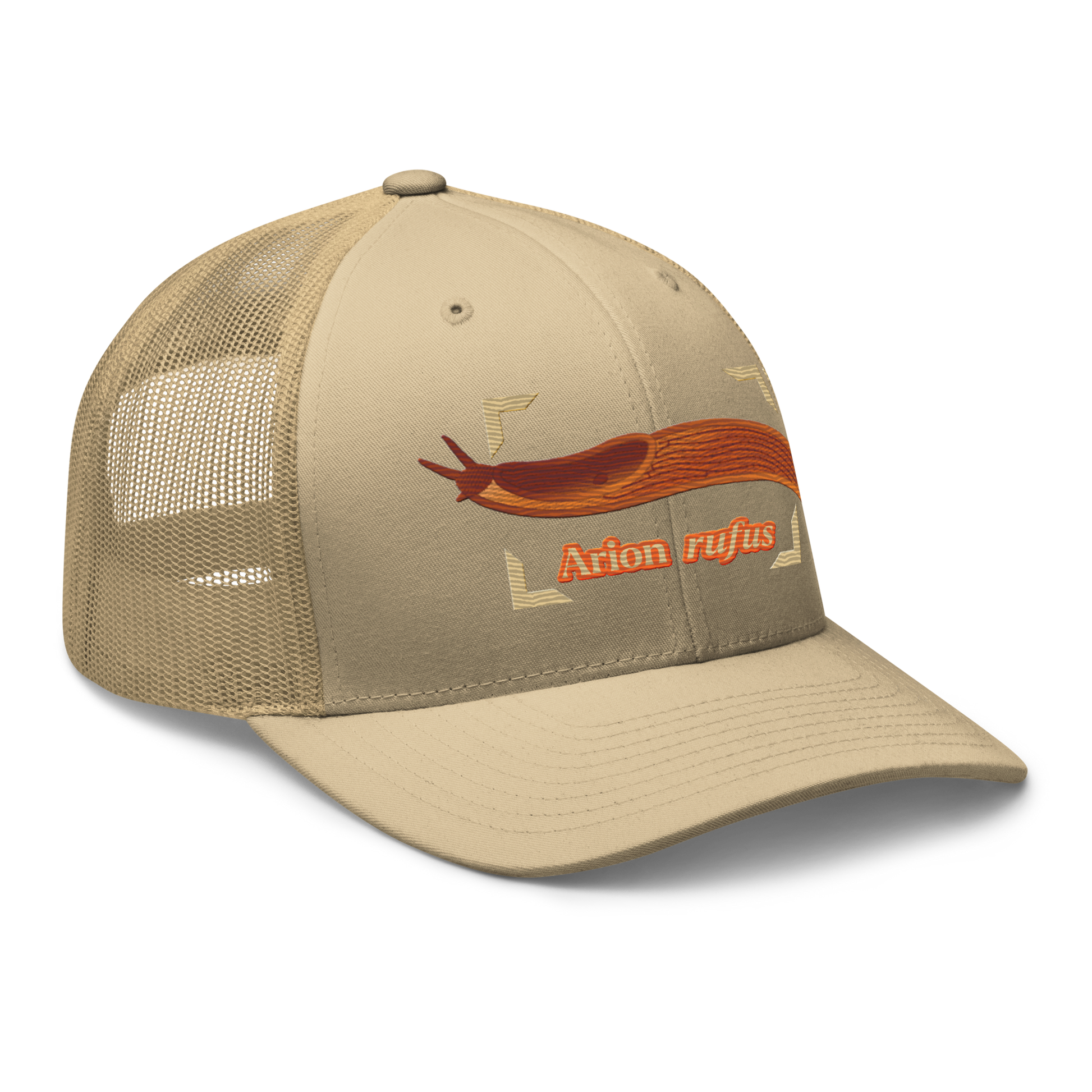 The Large Red Slug "Arion rufus" Embroidered Khaki Trucker Hat Right Front Mockup
