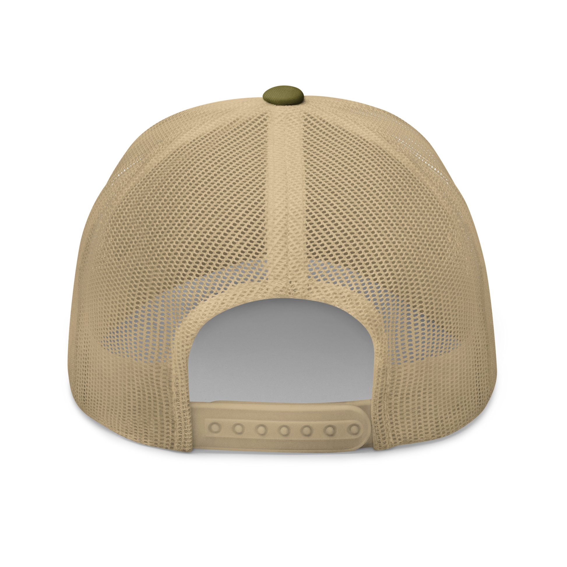The Large Red Slug "Arion rufus" Embroidered Moss Green & Khaki Trucker Hat Back Mockup