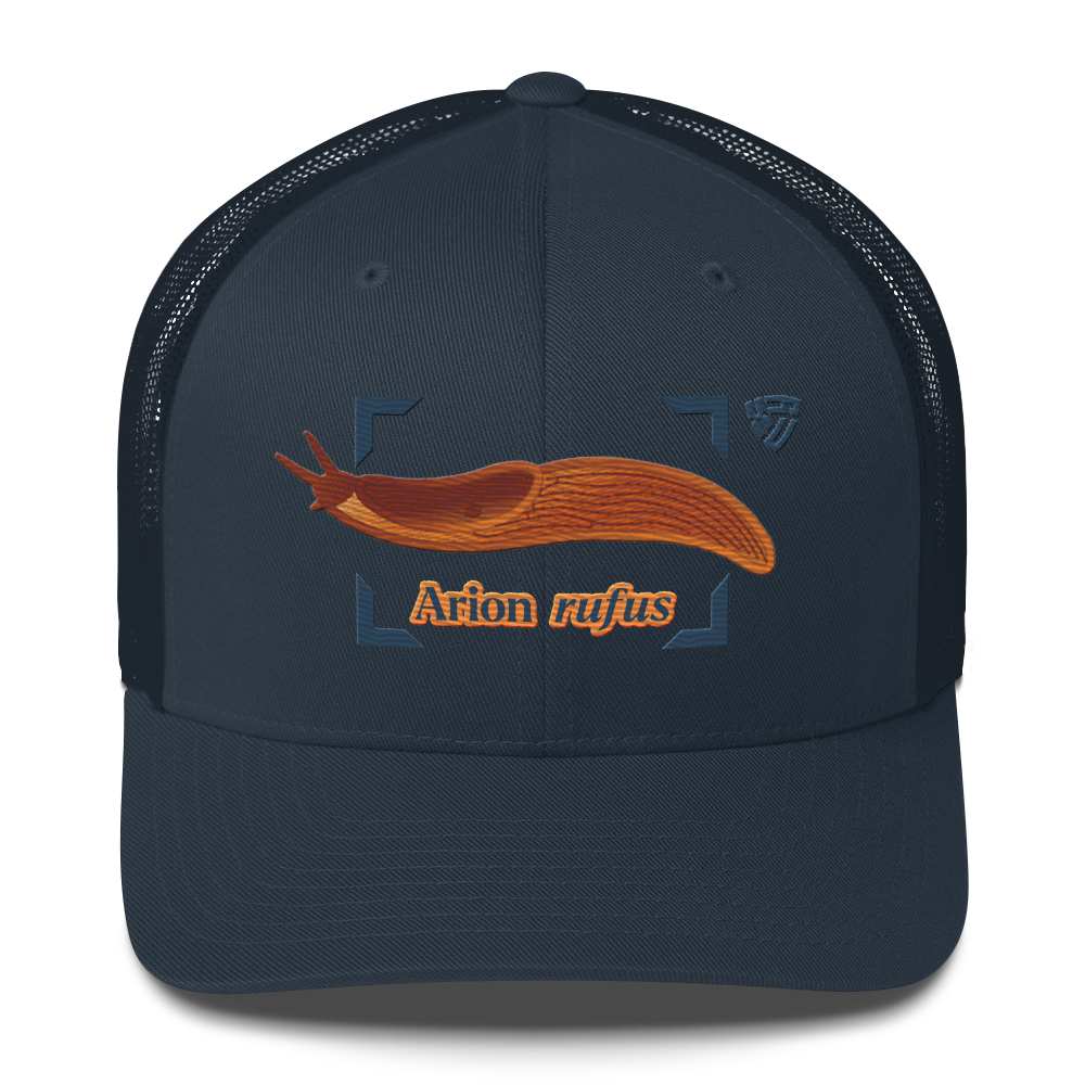 The Large Red Slug "Arion rufus" Embroidered Navy Blue Trucker Hat Front Mockup