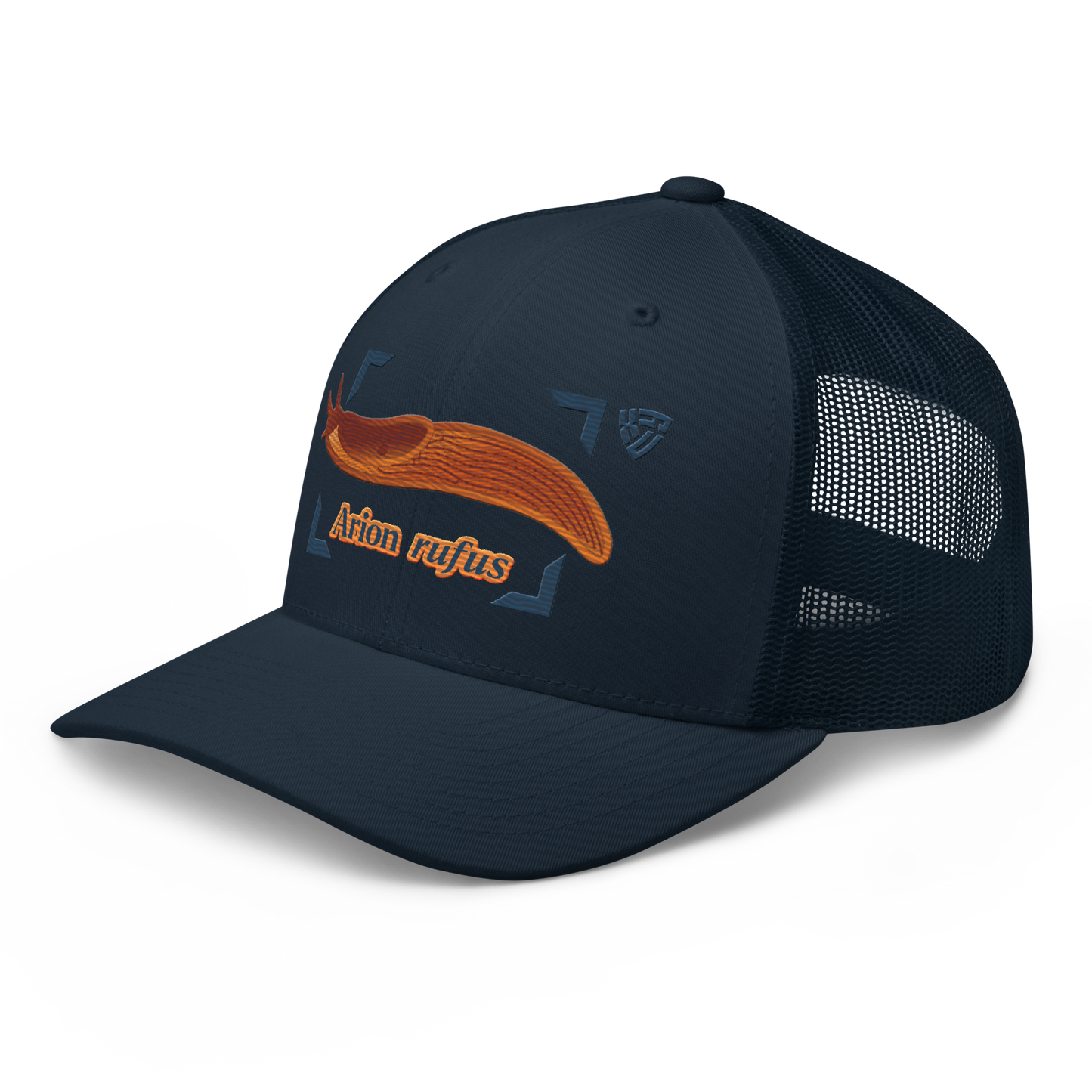 The Large Red Slug "Arion rufus" Embroidered Navy Blue Trucker Hat Left Front Mockup