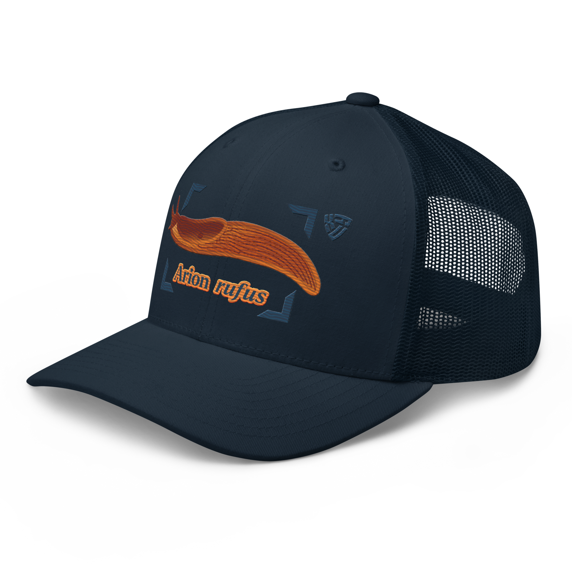 The Large Red Slug "Arion rufus" Embroidered Navy Blue Trucker Hat Left Front Mockup