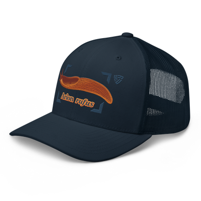 The Large Red Slug "Arion rufus" Embroidered Navy Blue Trucker Hat Left Front Mockup