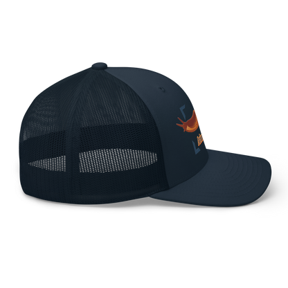 The Large Red Slug "Arion rufus" Embroidered Navy Blue Trucker Hat Right Mockup