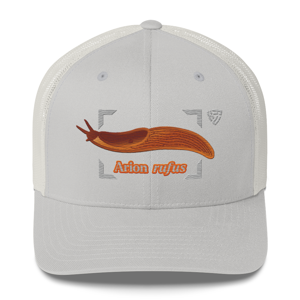 The Large Red Slug "Arion rufus" Embroidered Silver Trucker Hat Front Mockup