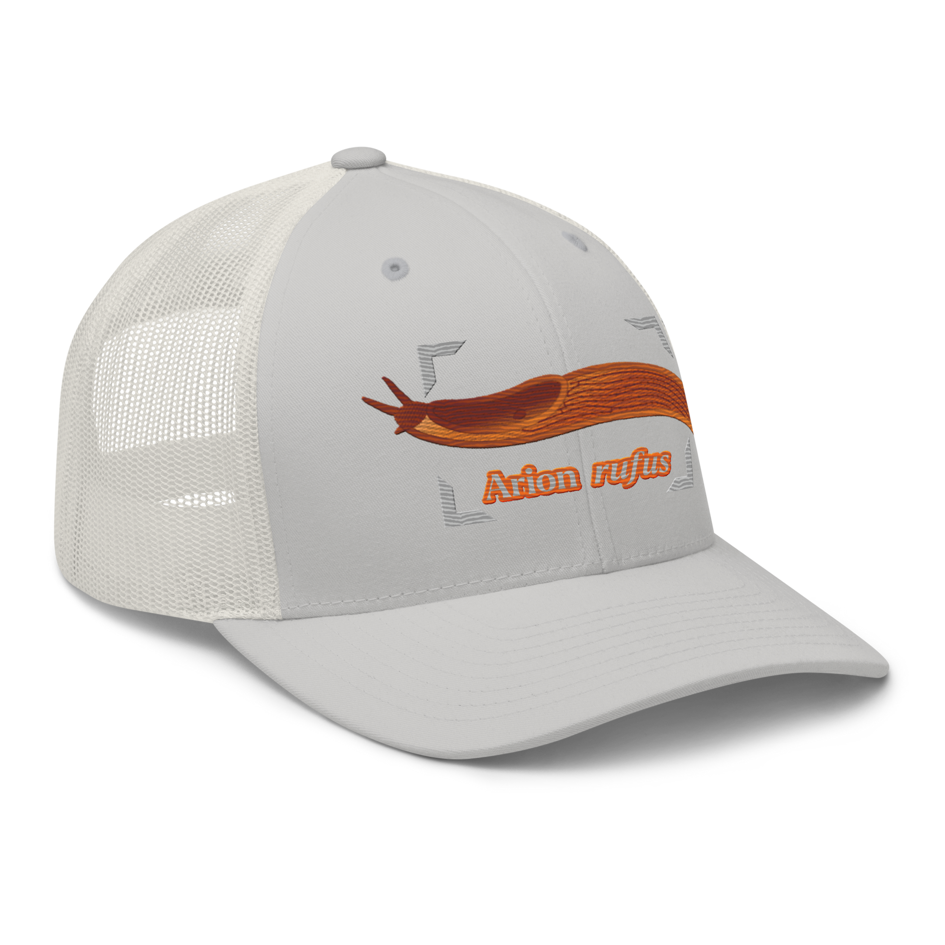 The Large Red Slug "Arion rufus" Embroidered Silver Trucker Hat Right Front Mockup
