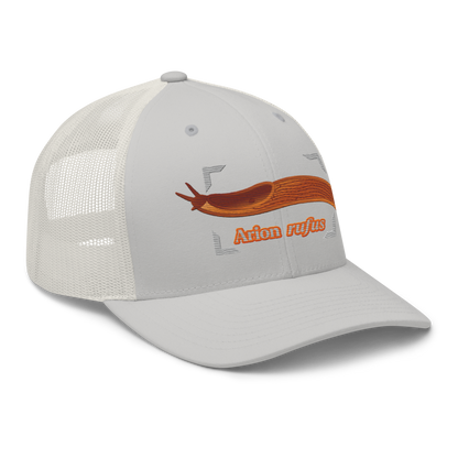 The Large Red Slug "Arion rufus" Embroidered Silver Trucker Hat Right Front Mockup