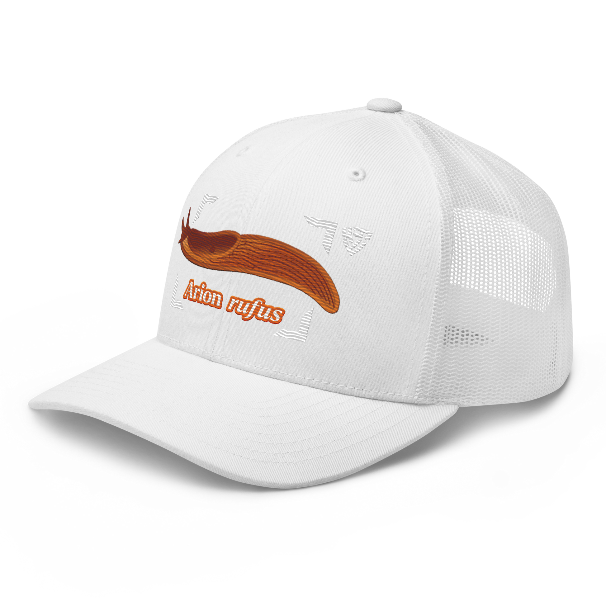 The Large Red Slug "Arion rufus" Embroidered White Trucker Hat Left Front Mockup