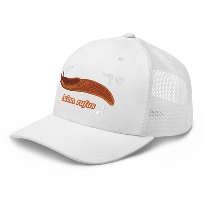 The Large Red Slug "Arion rufus" Embroidered White Trucker Hat Left Front Mockup